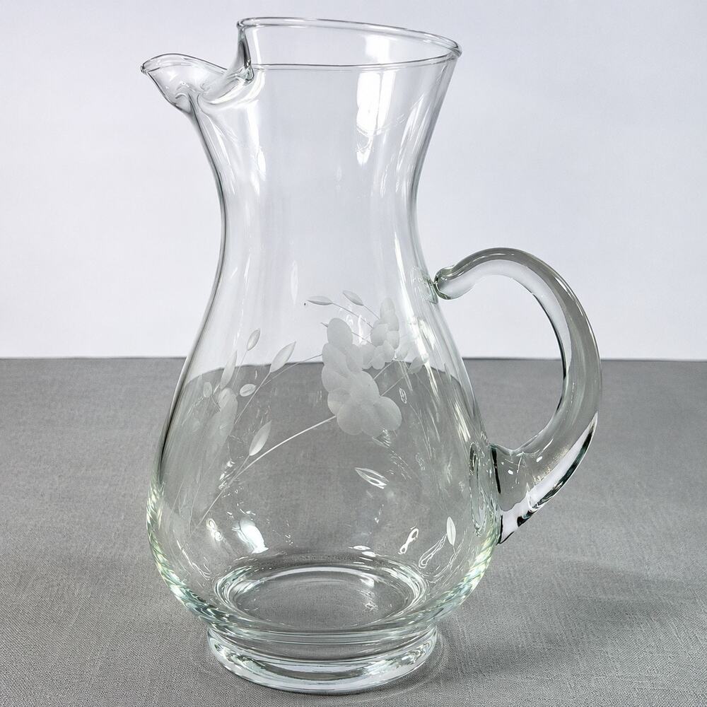 Vintage Clear Glass Water Pitcher Etched Floral Flower Design 10 Inch Carafe